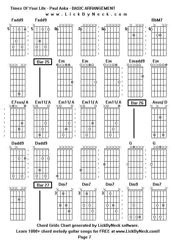 Chord Grids Chart of chord melody fingerstyle guitar song-Times Of Your Life - Paul Anka - BASIC ARRANGEMENT,generated by LickByNeck software.